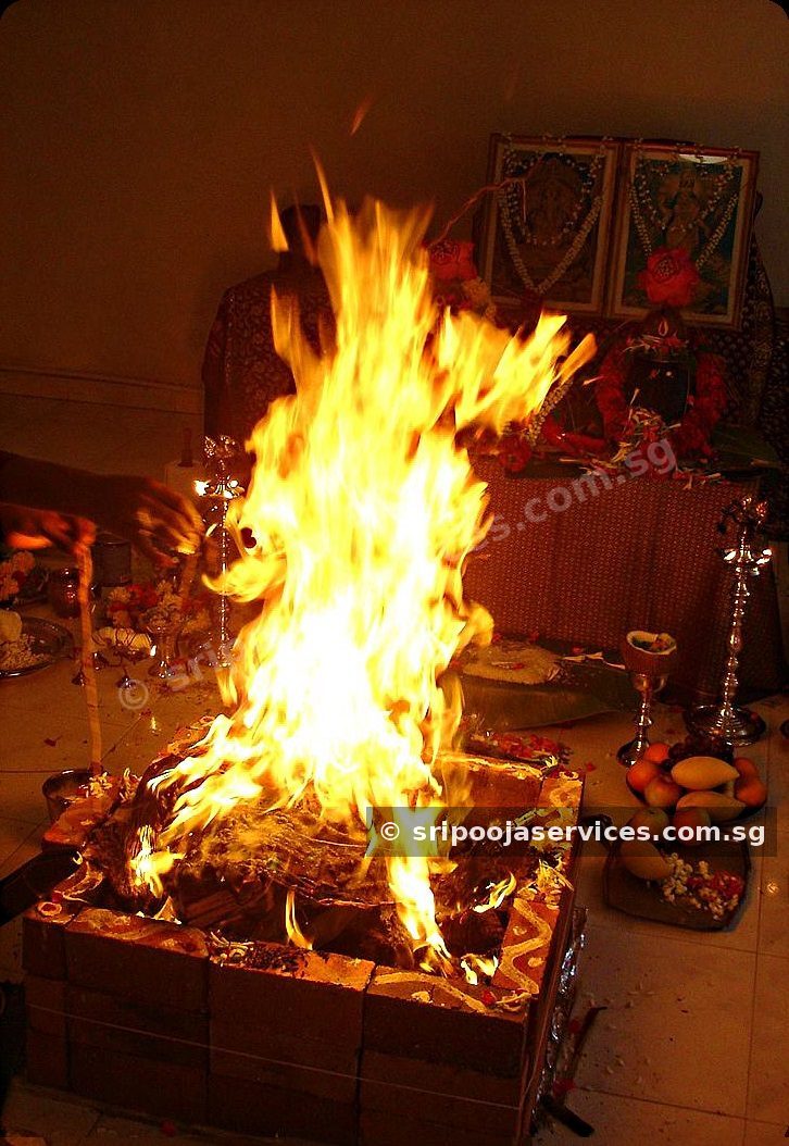 Homam fire during a Mrityunjaya Homam